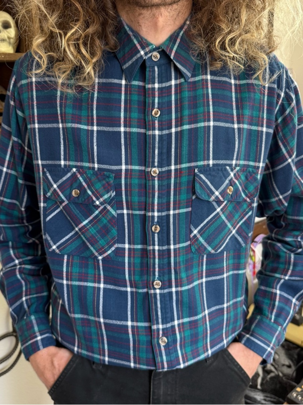 Vintage 90s Blue Plaid Flannel ~ Size Medium